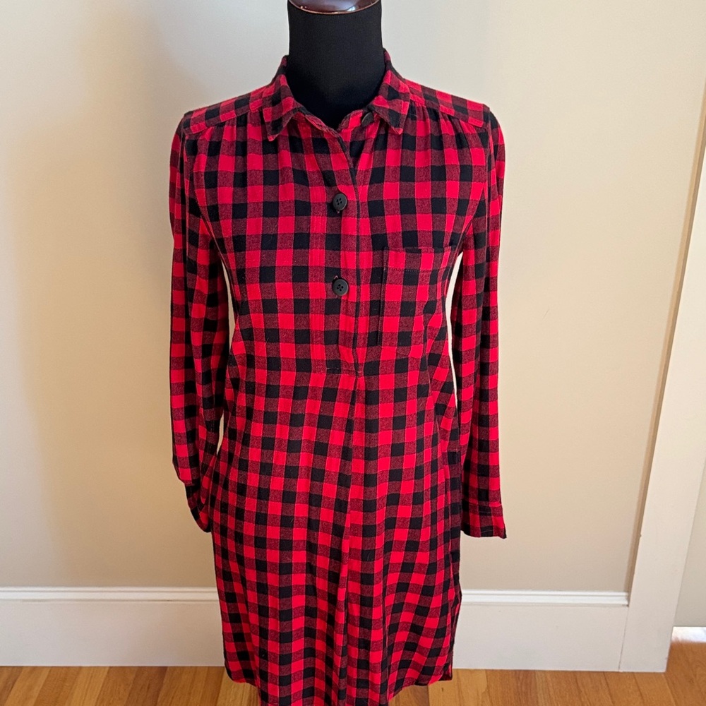 Madewell Red and Black Checkered Long Sleeve shirt Dress